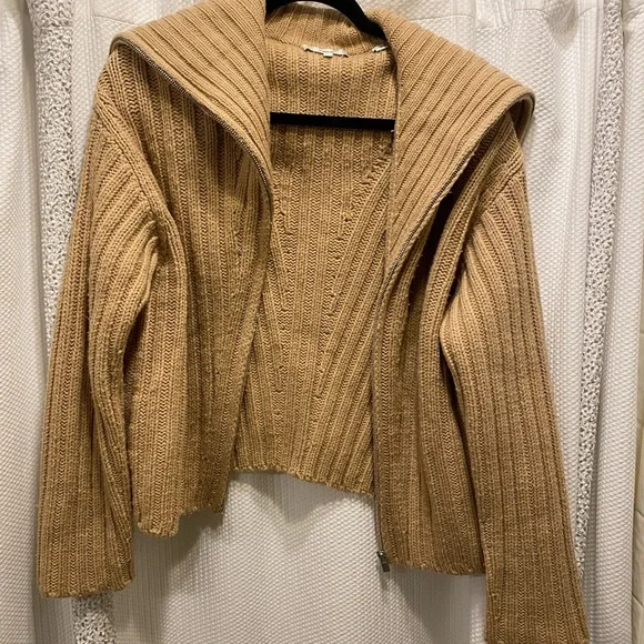 Vince Rib Transfer Wool Cashmere Zip Up Fisherman Sweater Chamois Beige L - Picture 3 of 10